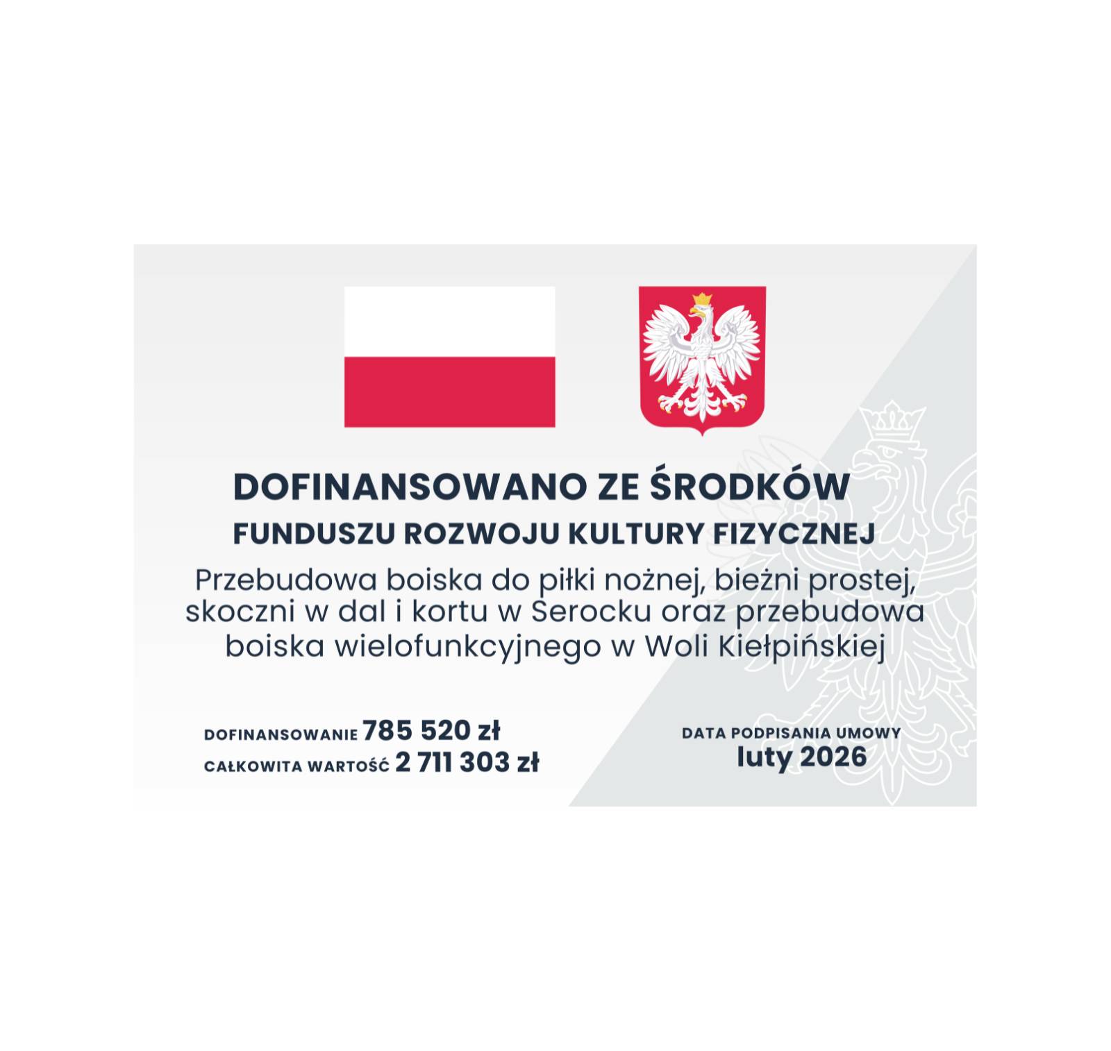 Przebudowa boiska do piłki nożnej, bieżni prostej, skoczni w dal i kortu w Serocku oraz przebudowa boiska wielofunkcyjnego w Woli Kiełpińskiej