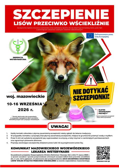 Szczepienia ochronne lisów wolno żyjących przeciwko wściekliźnie w województwie mazowieckim
