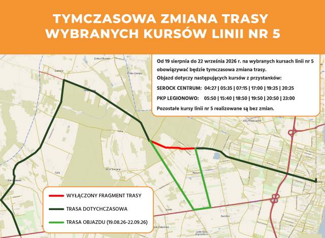 Tymczasowa zmiana trasy  wybranych kursów linii nr 5 (19.08.26-22.09.26)